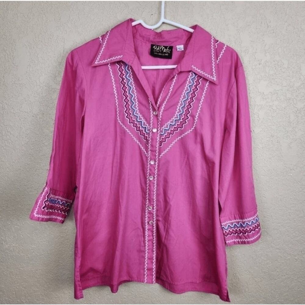 Bob Mackie Shirt Womens Large Button Down Wearable Art Western Embroidered *